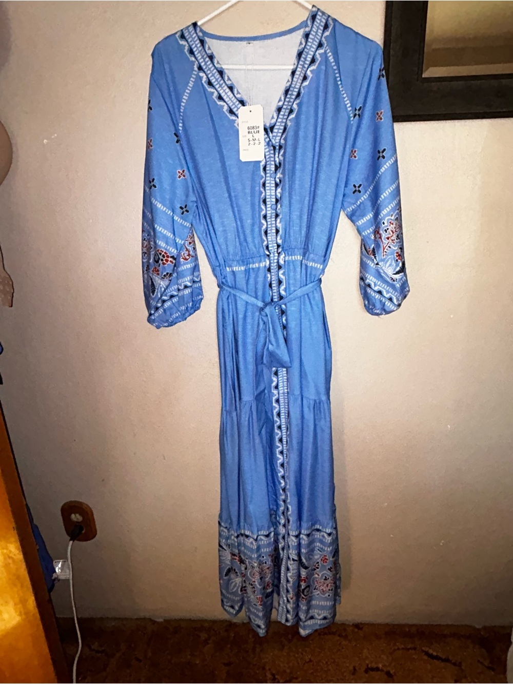Blue V-Neck Maxi Dress with Waist Tie